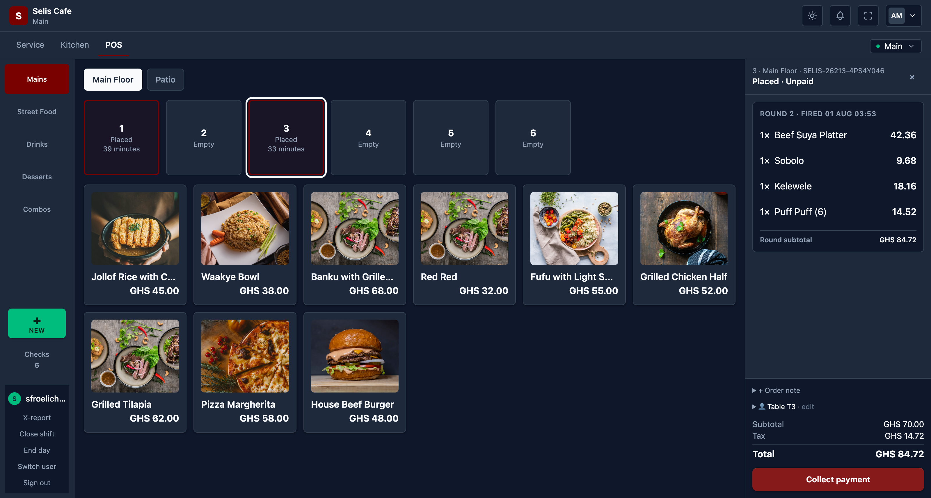 The point of sale screen during service